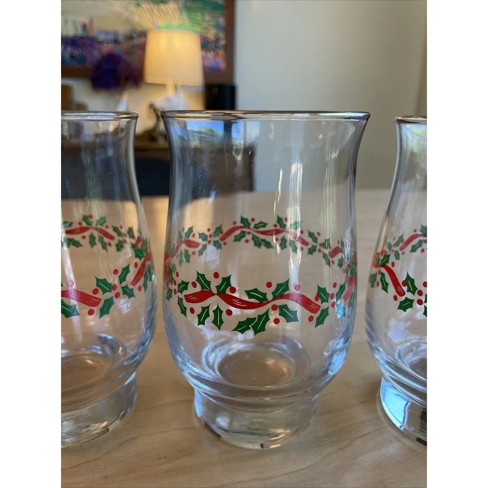 LOT OF 4 VINTAGE LIBBEY ARBY'S HOLLY RIBBONS GLASS TUMBLERS 5 1/4